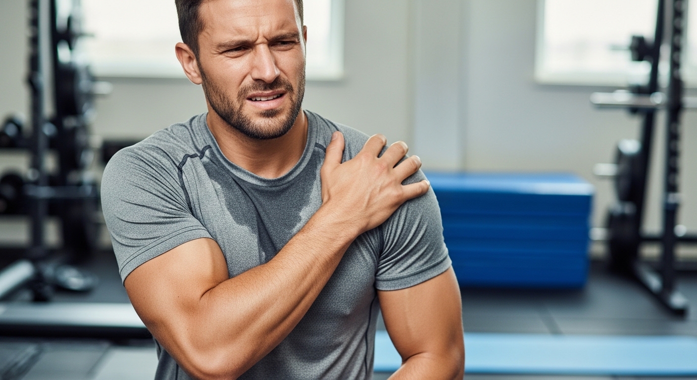 Photo of a man in a gym, holding his shoulder in discomfort
