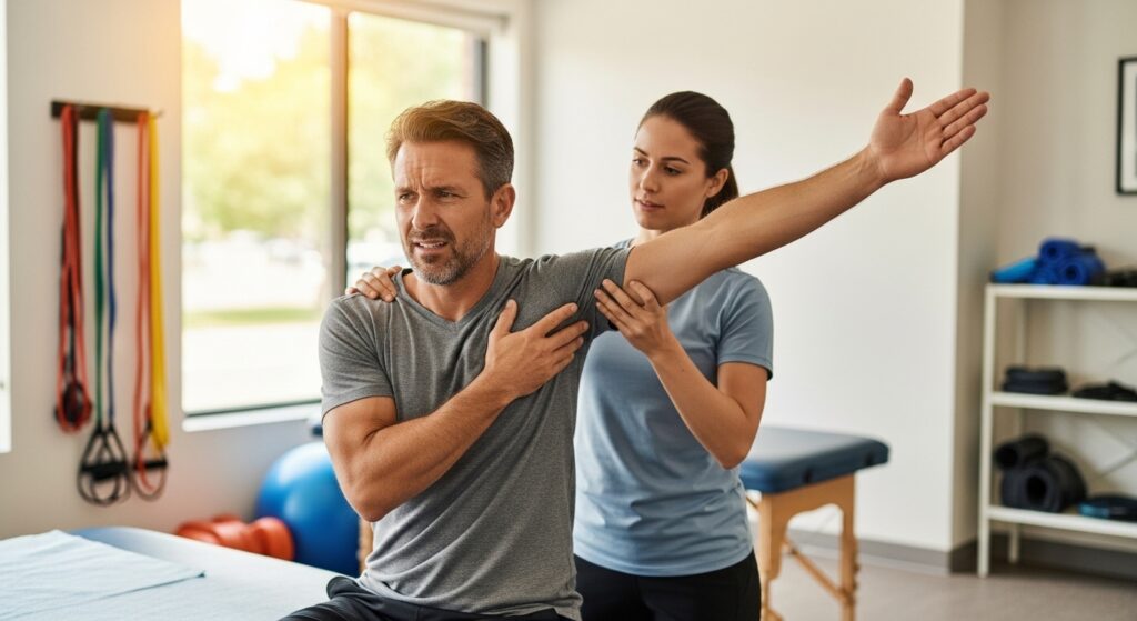 Photo of a Physical therapist helping a man relieve discomfort due to frozen shoulder.